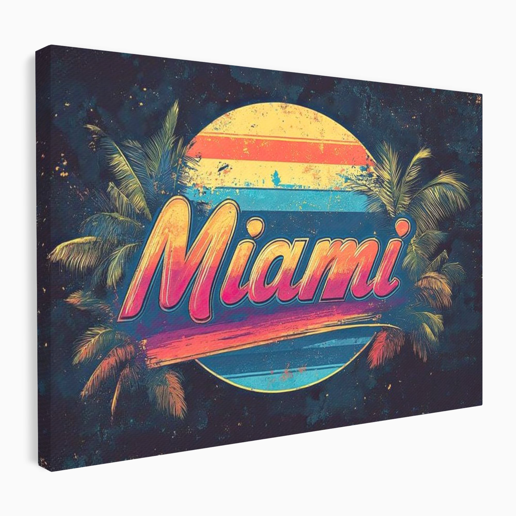 Tablou canvas cu ilustratie retro miami cu soare si palmieri, fara rama, pe sasiu de lemn